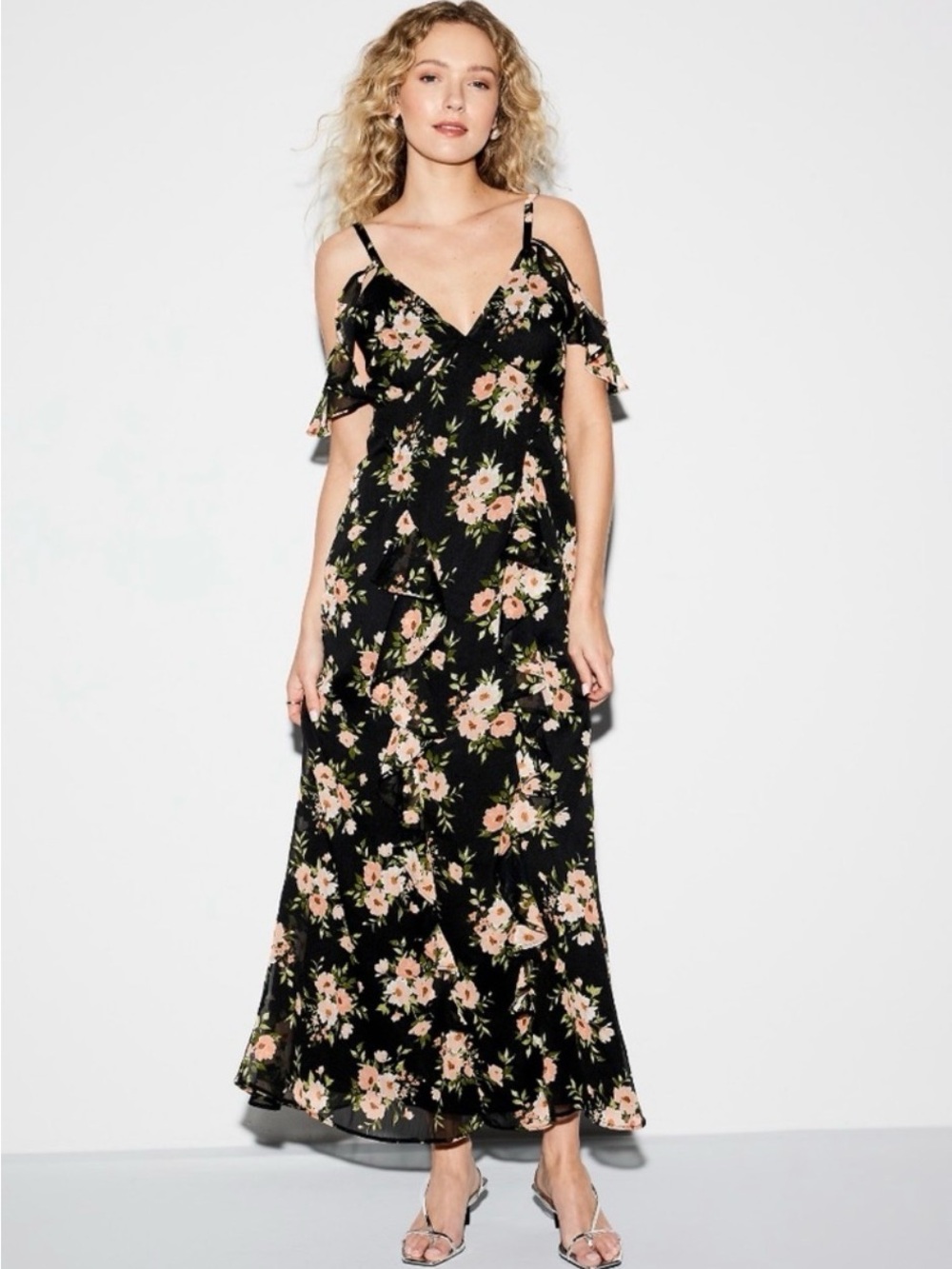 Old Navy Black Chiffon Maxi Dress with Floral Pattern